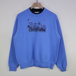 Vintage 90s Top Stitch Morning Sun Floral Ladybug Sweatshirt L Cottagecore Blue